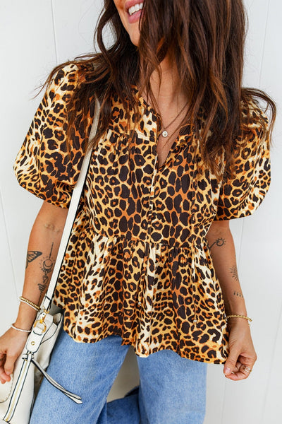 Women's Trendy Women's Leopard Print Babydoll Blouse with Short Puff Sleeves and Slit Neck - Perfect for Summer Casual Outfits