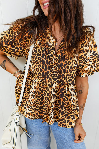 Women's Trendy Women's Leopard Print Babydoll Blouse with Short Puff Sleeves and Slit Neck - Perfect for Summer Casual Outfits