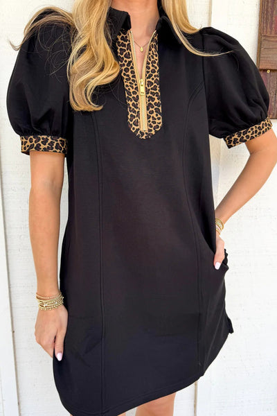 Women's Trendy Women's Leopard Print Mini Dress with Zip Collar, Short Puff Sleeves Stylish Coffee Patchwork Design