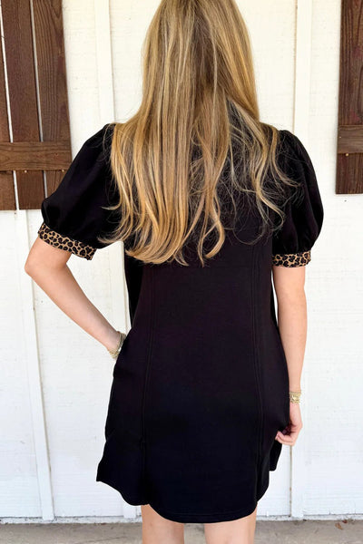 Women's Trendy Women's Leopard Print Mini Dress with Zip Collar, Short Puff Sleeves Stylish Coffee Patchwork Design