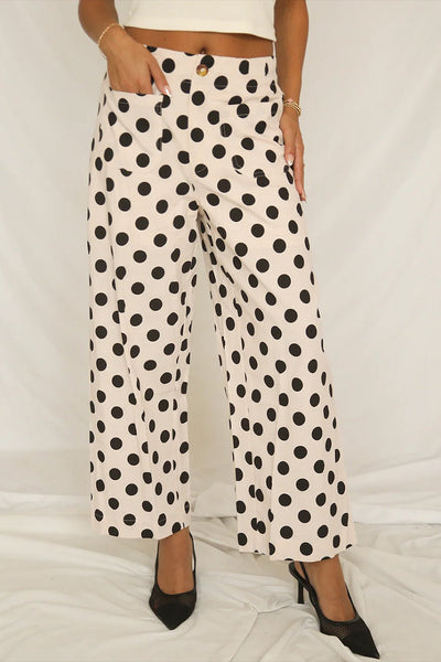 Women's Trendy Women's White Polka Dot Loose-Fit Pants with Pockets - Comfortable Casual Wear for Effortless Everyday Style