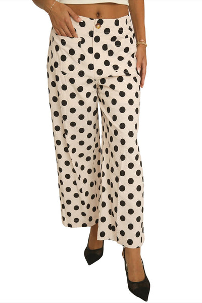 Women's Trendy Women's White Polka Dot Loose-Fit Pants with Pockets - Comfortable Casual Wear for Effortless Everyday Style
