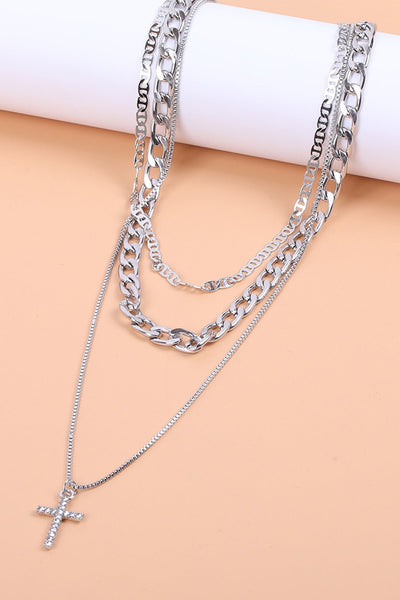 Women's Triple-Layer Silver Plated Cross Necklace Set