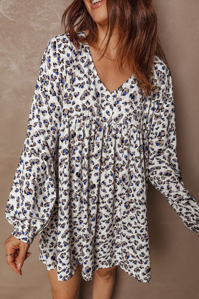 Women's V-Neck Leopard Print Mini Dress with Button Accents