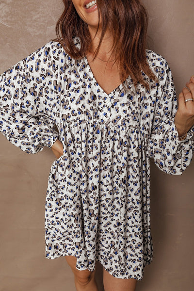 Women's V-Neck Leopard Print Mini Dress with Button Accents