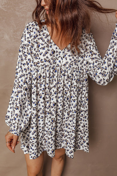 Women's V-Neck Leopard Print Mini Dress with Button Accents