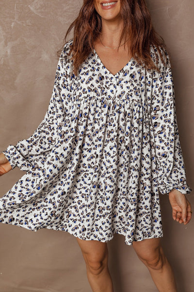Women's V-Neck Leopard Print Mini Dress with Button Accents