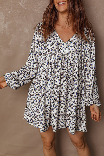 Women's V-Neck Leopard Print Mini Dress with Button Accents