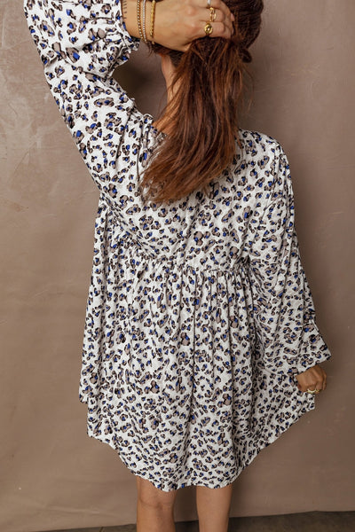 Women's V-Neck Leopard Print Mini Dress with Button Accents