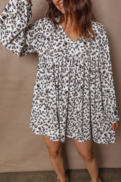 Women's V-Neck Leopard Print Mini Dress with Button Accents