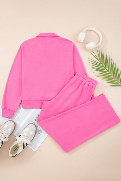 Women's V-Neck Polo Sweatpant Set in Sachet Pink Cotton Blend