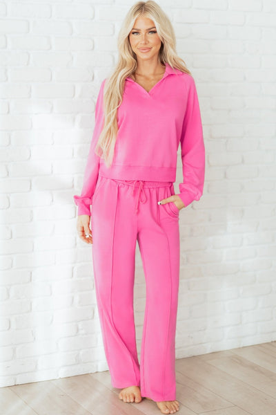 Women's V-Neck Polo Sweatpant Set in Sachet Pink Cotton Blend