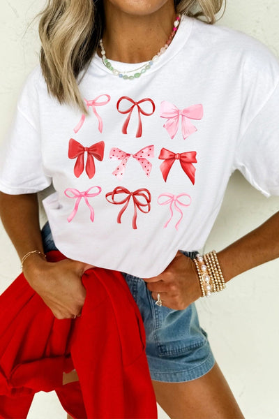 Women's Valentine's Bow Print Cotton-Blend Tee | White Short Sleeve Top