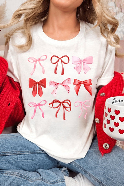 Women's Valentine's Bow Print Cotton-Blend Tee | White Short Sleeve Top