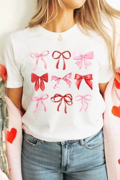 Women's Valentine's Bow Print Cotton-Blend Tee | White Short Sleeve Top