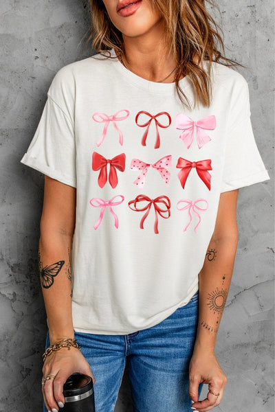 Women's Valentine's Bow Print Cotton-Blend Tee | White Short Sleeve Top