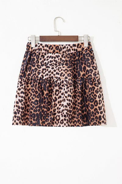 Women's Velvet Leopard Print Tiered Mini Skirt with Elastic Waist