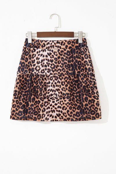 Women's Velvet Leopard Print Tiered Mini Skirt with Elastic Waist