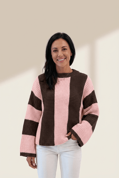 Women's Vertical Stripe Cotton-Blend Thermal Sweater in Chocolate