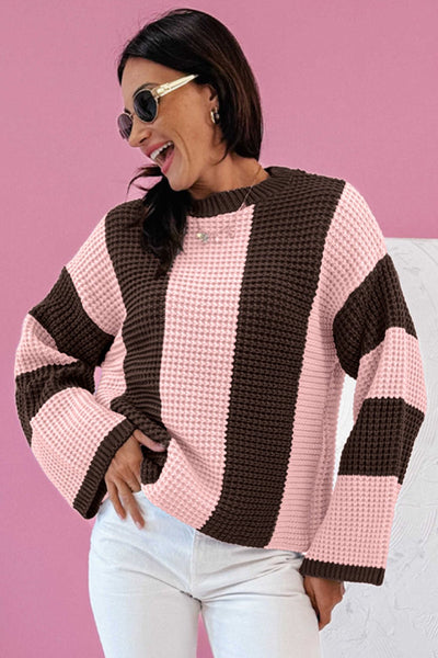 Women's Vertical Stripe Cotton-Blend Thermal Sweater in Chocolate