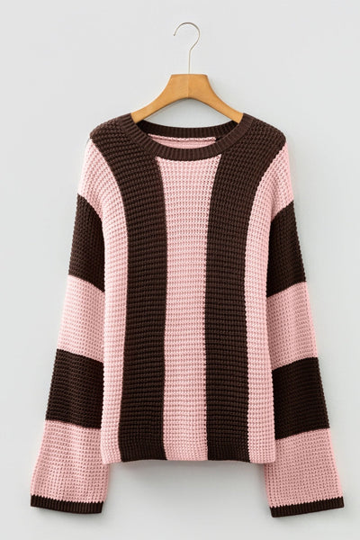 Women's Vertical Stripe Cotton-Blend Thermal Sweater in Chocolate