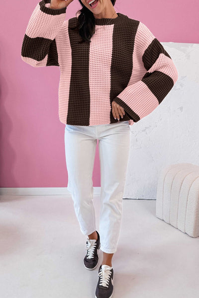 Women's Vertical Stripe Cotton-Blend Thermal Sweater in Chocolate