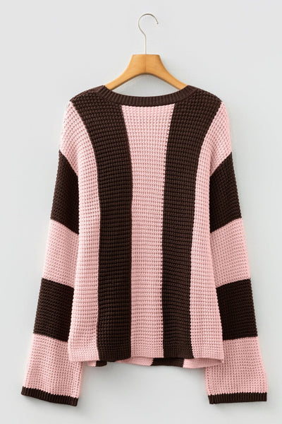Women's Vertical Stripe Cotton-Blend Thermal Sweater in Chocolate