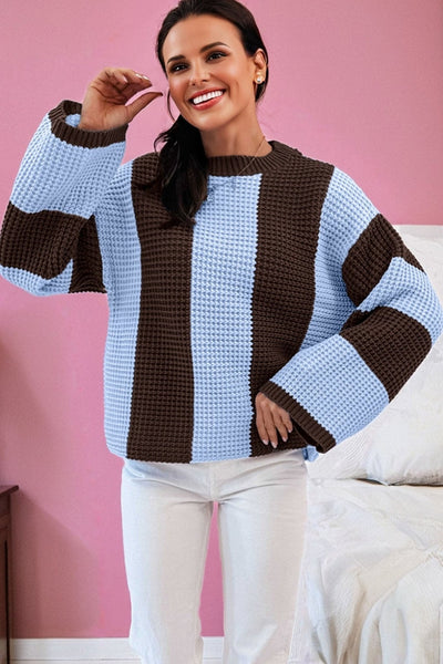 Women's Vertical Stripe Thermal Knit Drop Shoulder Sweater