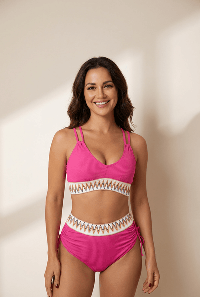 Women's Vibrant Pink Ribbed High-Waist Bikini with Tribal Trim