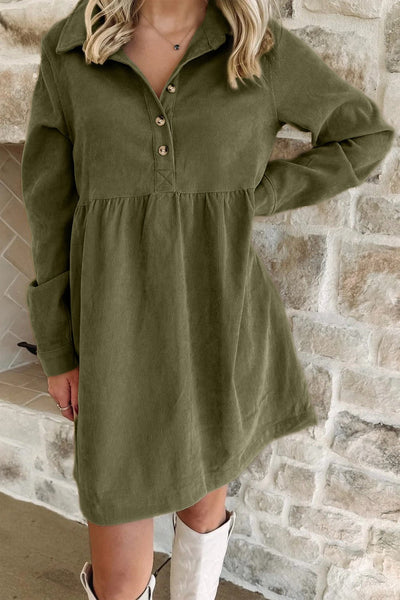Women's Vineyard Green Corduroy A-Line Mini Dress with Collar
