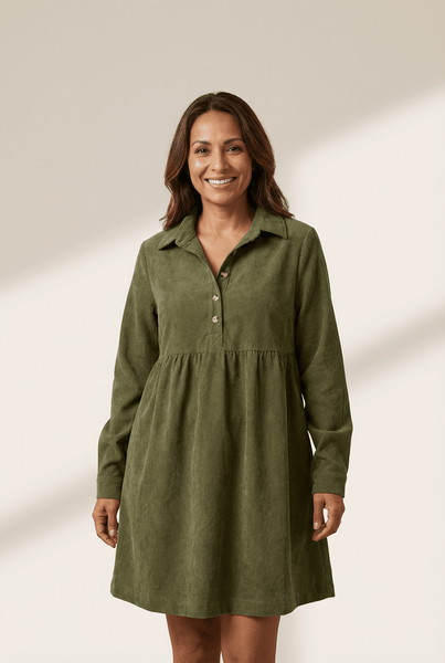 Women's Vineyard Green Corduroy A-Line Mini Dress with Collar
