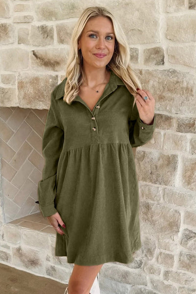 Women's Vineyard Green Corduroy A-Line Mini Dress with Collar