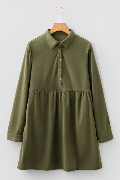 Women's Vineyard Green Corduroy A-Line Mini Dress with Collar