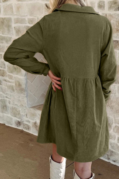 Women's Vineyard Green Corduroy A-Line Mini Dress with Collar