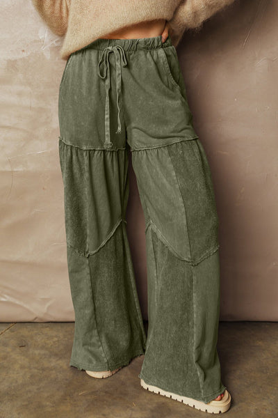 Women's Vineyard Green Mineral Wash Wide-Leg Patchwork Trousers