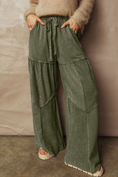 Women's Vineyard Green Mineral Wash Wide-Leg Patchwork Trousers