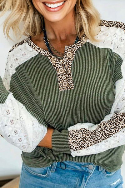Women's Vineyard Green Ribbed Henley with Leopard and Lace Patchwork with practical styling and dependable silhouette control.