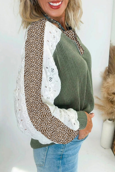 Women's Vineyard Green Ribbed Henley with Leopard and Lace Patchwork with practical styling and dependable silhouette control.