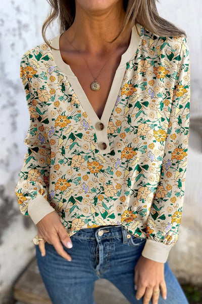 Women's Vintage Floral Henley Long Sleeve Blouse in Khaki