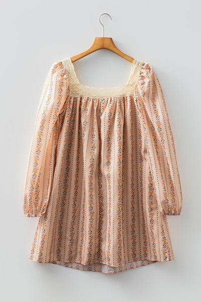 Women's Vintage Floral Stripe Mini Dress with Velvet Bow