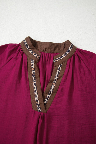 Women's Violet V-Neck Blouse with Leopard Trim and Flounced Sleeves with practical styling and dependable silhouette control.
