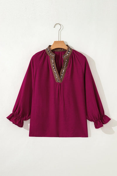 Women's Violet V-Neck Blouse with Leopard Trim and Flounced Sleeves with practical styling and dependable silhouette control.