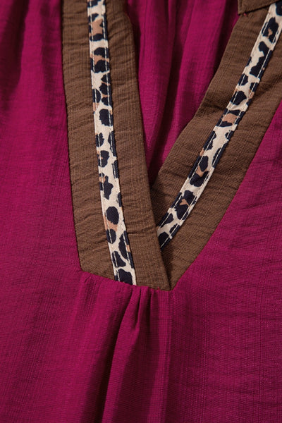 Women's Violet V-Neck Blouse with Leopard Trim and Flounced Sleeves with practical styling and dependable silhouette control.