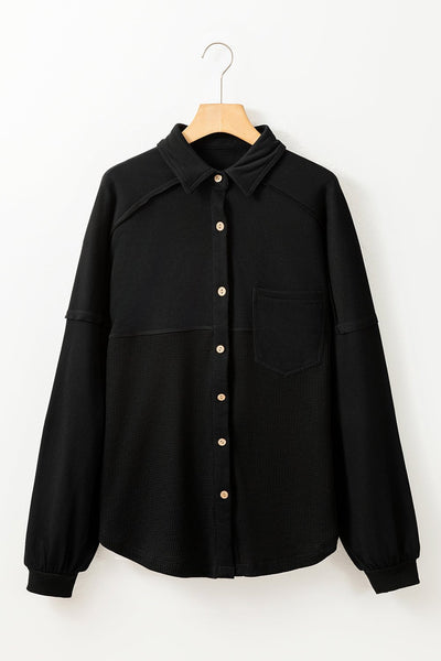 Women's Waffle Knit Oversized Patchwork Shacket in Midnight Black