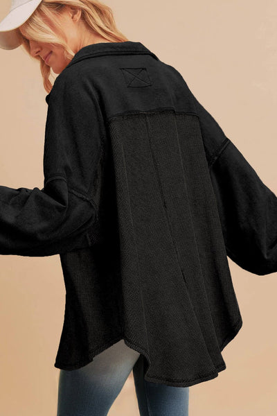 Women's Waffle Knit Oversized Patchwork Shacket in Midnight Black