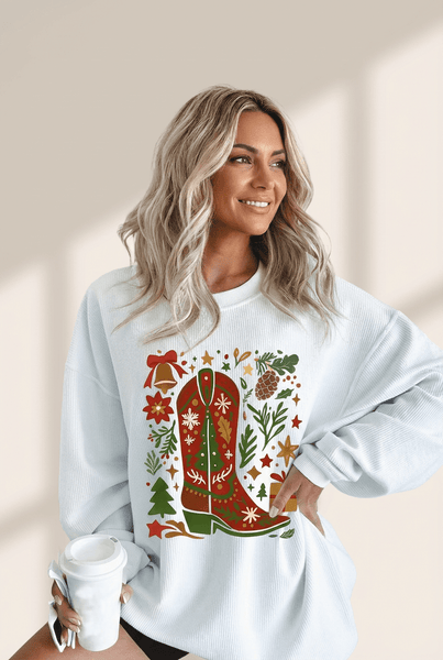 Women's Western Christmas Boot Fleece Sweatshirt