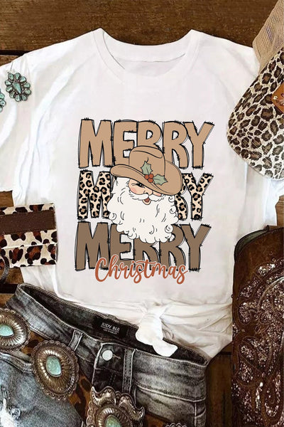 Women's Western Santa Graphic Tee: Leopard Print Merry Christmas