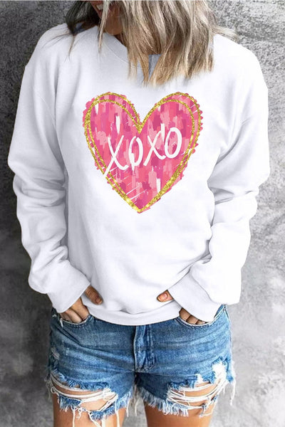 Women's White Heart Print Pullover Sweatshirt with Gold Glitter Trim
