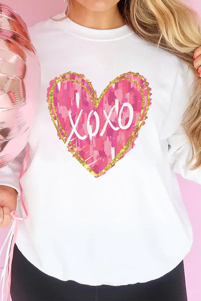 Women's White Heart Print Pullover Sweatshirt with Gold Glitter Trim