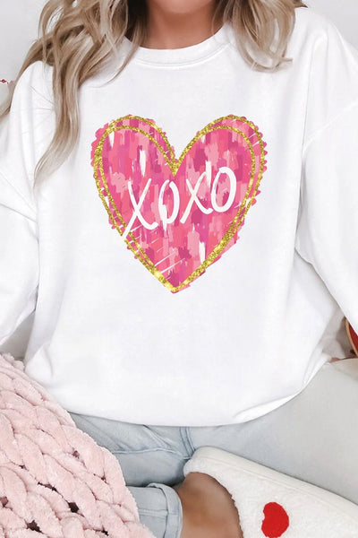 Women's White Heart Print Pullover Sweatshirt with Gold Glitter Trim